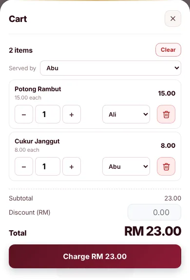 Troli MyShoppe: setiap servis ada pilihan staf yang melayan, contoh Potong Rambut oleh Ali dan Cukur Janggut oleh Abu.